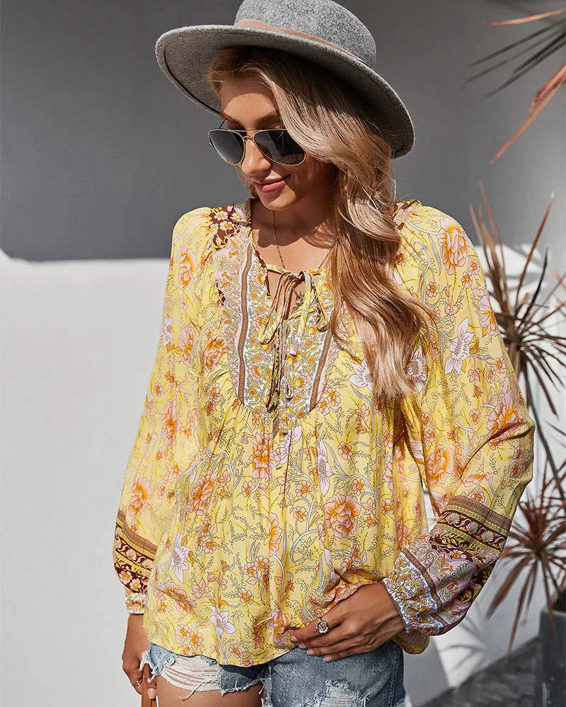 Vintage Boho Sommerbluse mit Blumenmuster und langen Ärmeln – Sana