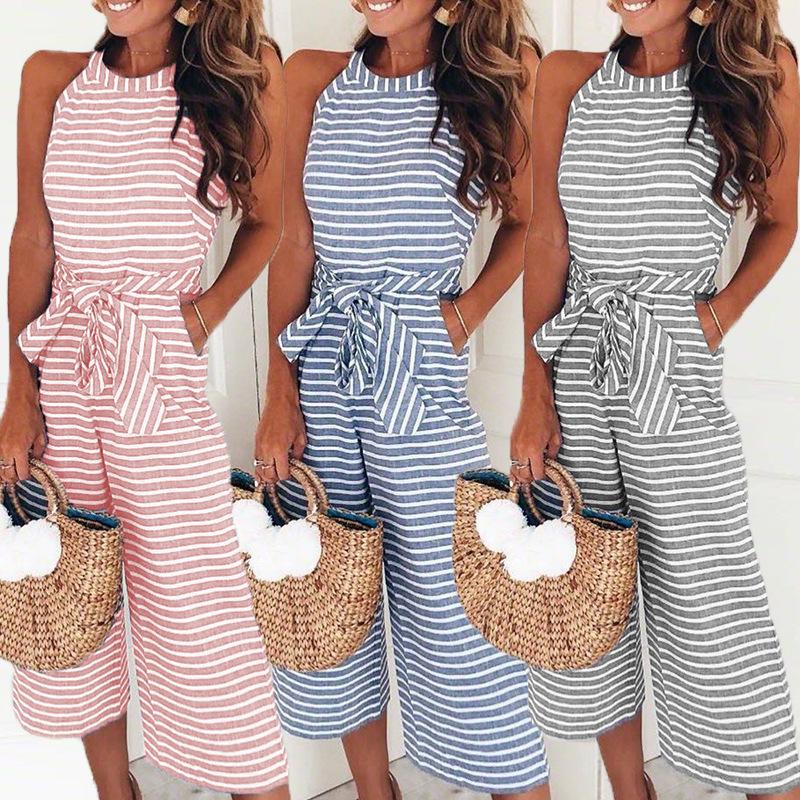 Gestreepte zomer jumpsuit voor dames met een wijde pijp en V-hals - Alina