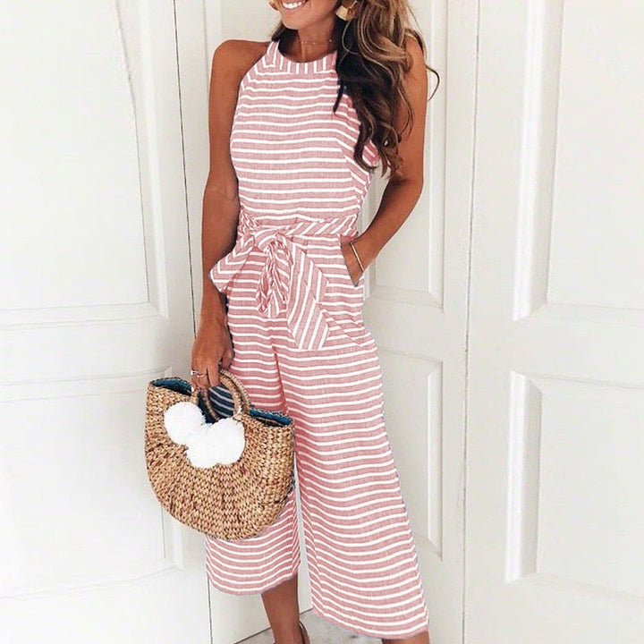 Gestreepte zomer jumpsuit voor dames met een wijde pijp en V-hals - Alina