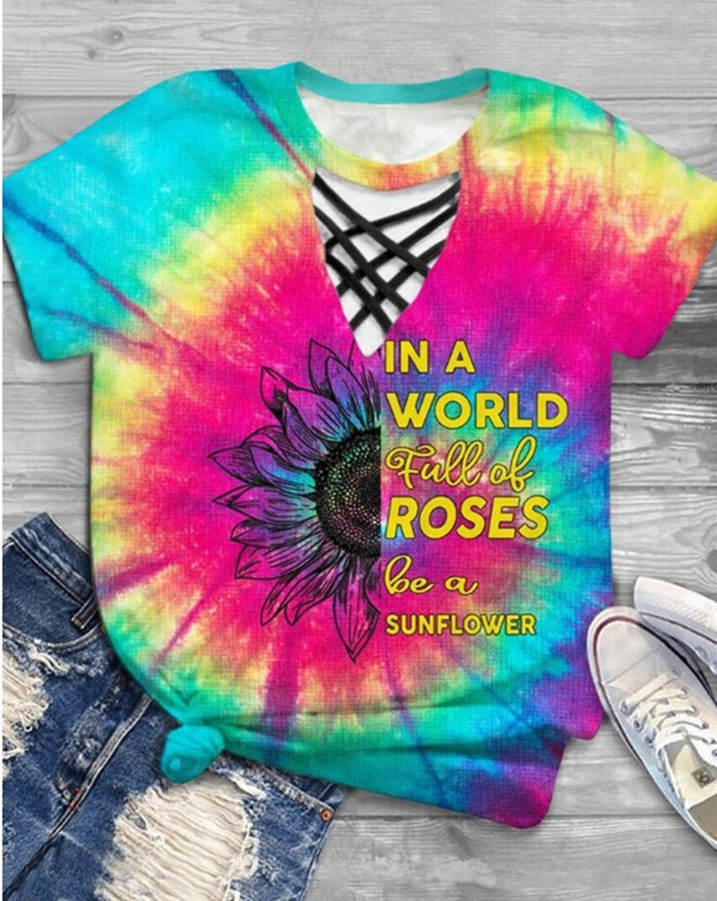 Trendy women's T-shirt with cut-out design and tie-dye pattern - Norina