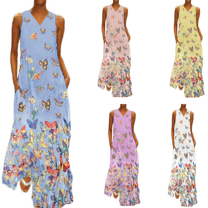 Trendy Mouwloos Maxi Zomerjurk met Vlinderpatroon – Malia