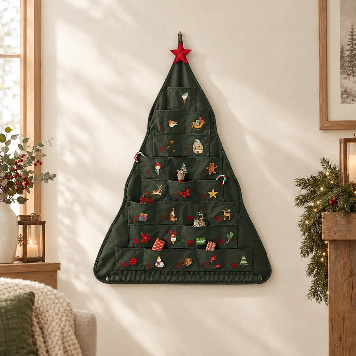 Groene kerstboomvormige adventskalender met 24 vakjes en een rode ster, opgehangen aan een lichte muur in een gezellige woonkamer. 1