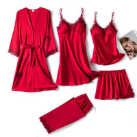 Satin-Schlafset Damen 5-teilig mit Spitze – Amara