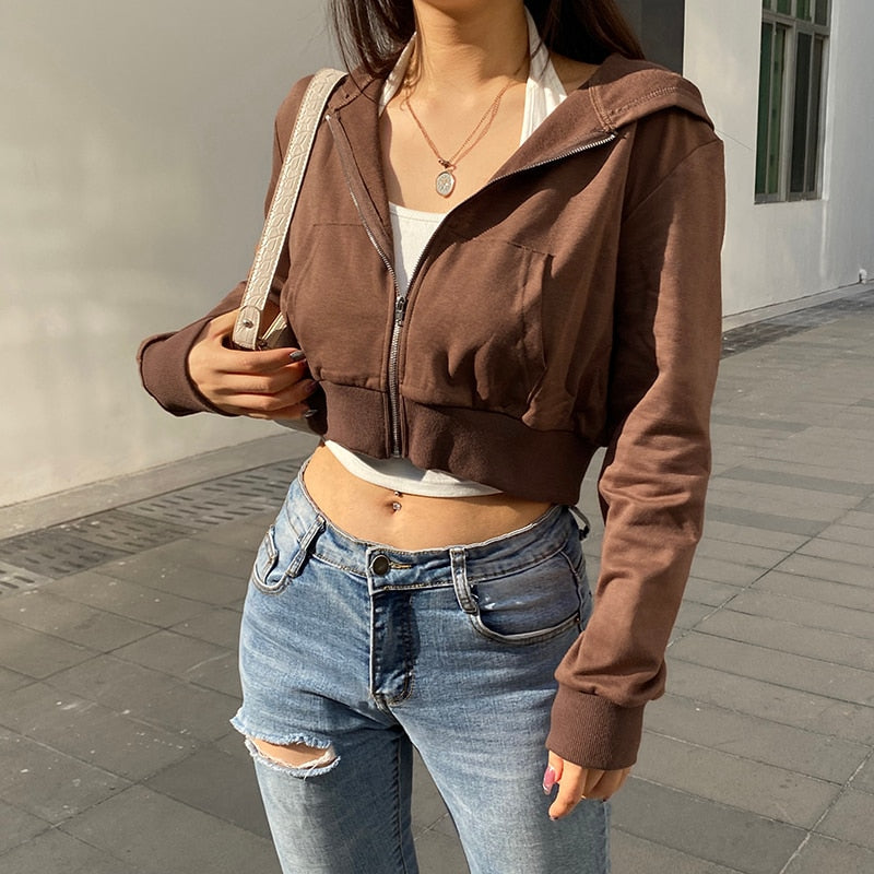 Trendiger figurbetonter Damen Cropped Zip-up Hoodie mit Kapuze - Alina