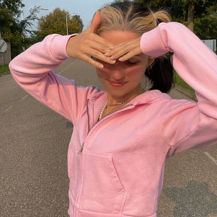 Trendiger figurbetonter Damen Cropped Zip-up Hoodie mit Kapuze - Alina