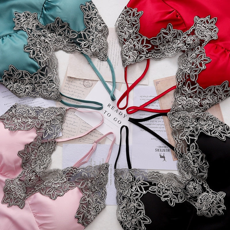 Satin-Schlafset Damen 5-teilig mit Spitze – Amara