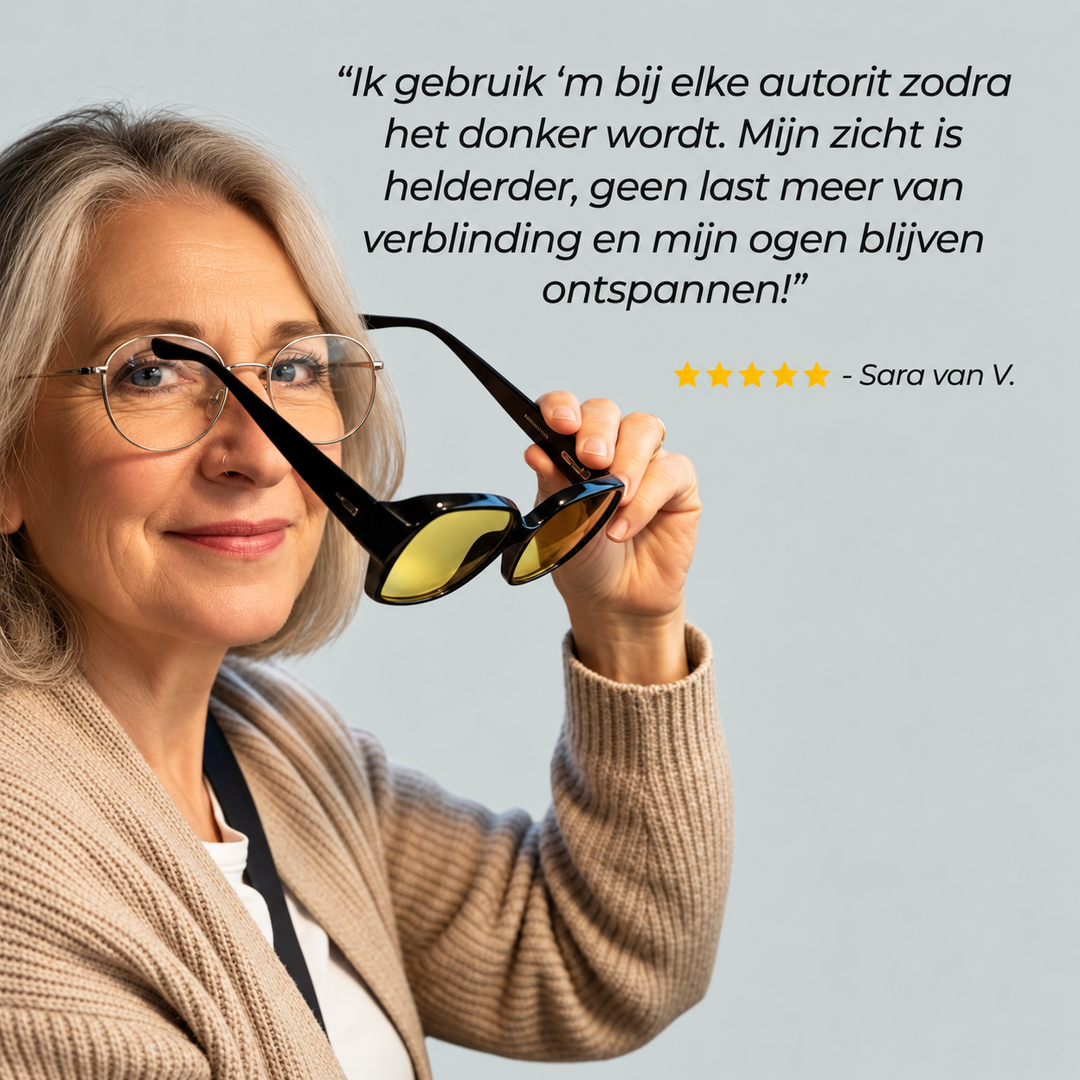 Vrouw met grijs haar en ronde bril houdt een zwarte overzetbril met gele lenzen omhoog, naast een klantreview met vijf sterren. 8