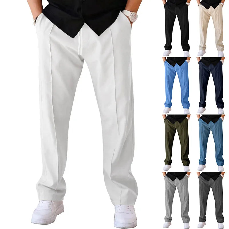 Witte broek met trekkoord groot in beeld, met kleine voorbeelden van dezelfde broek in negen andere kleuren aan de zijkant. 6