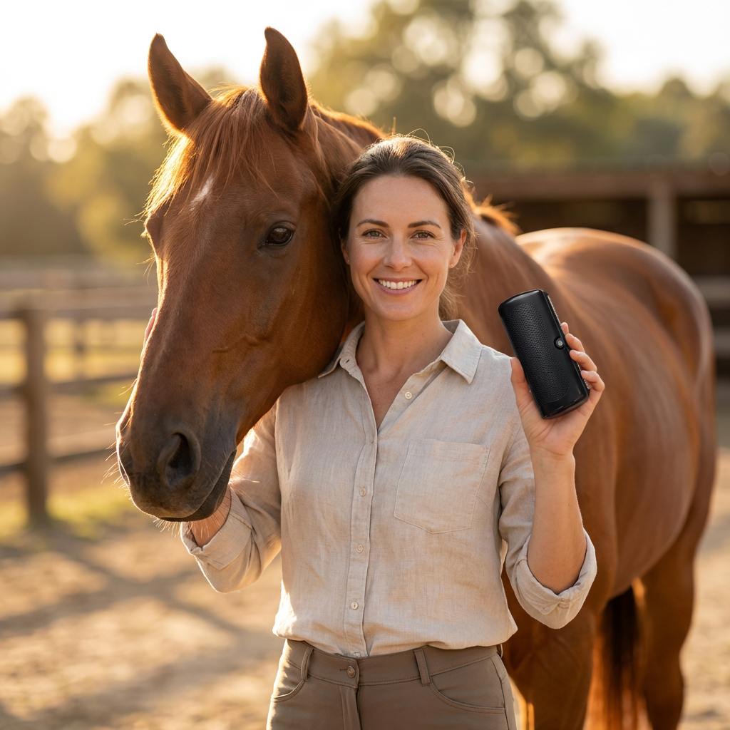 Lachende vrouw in linnen blouse houdt de zwarte borstel omhoog naast het hoofd van een kastanjebruin paard in de wei. 2