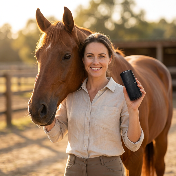 Lachende vrouw in linnen blouse houdt de zwarte borstel omhoog naast het hoofd van een kastanjebruin paard in de wei. 2