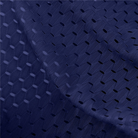 Close-up van marineblauw gaasstof met fijn patroon van kleine openingen voor luchtdoorlaatbaarheid 4