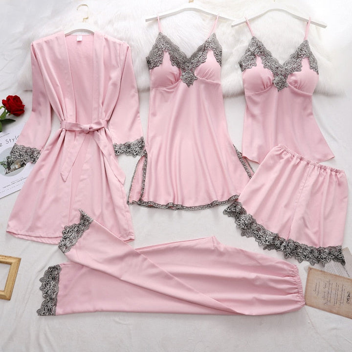 Satin-Schlafset Damen 5-teilig mit Spitze – Amara