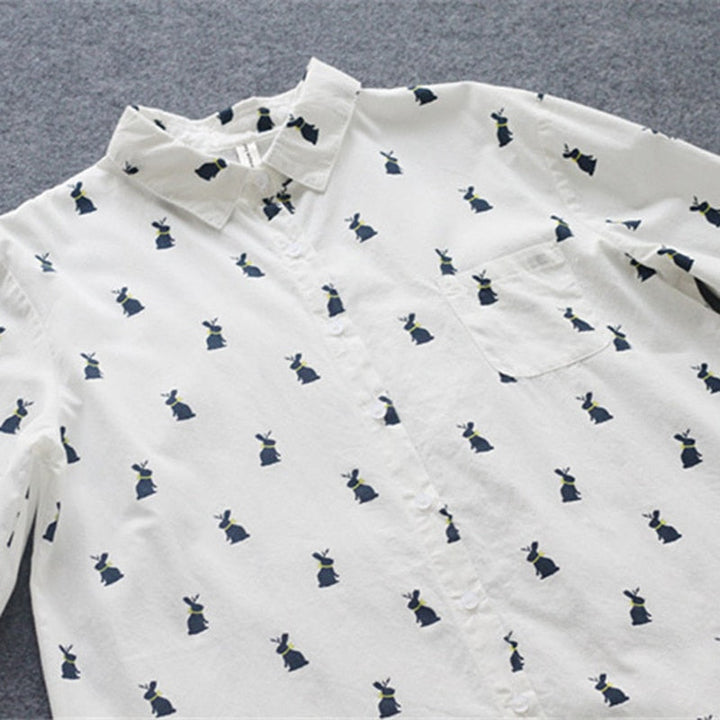 Playful shirt dress with rabbit print and lapel collar - Elina