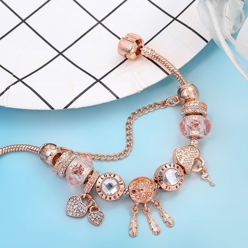 Rose Dreamcatcher Armband mit Charms aus Sterlingsilber - Rosa