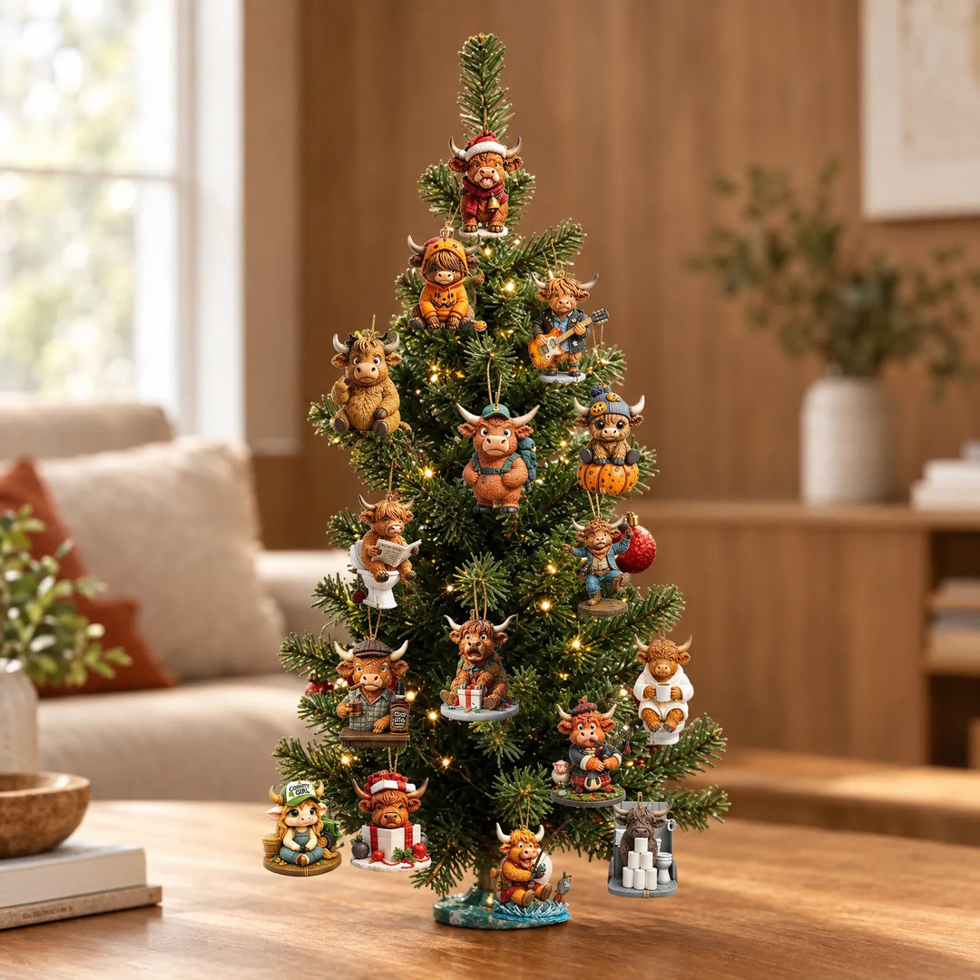Kleine verlichte kerstboom in een woonkamer, versierd met een hele reeks hangende hooglanderkoeien in uiteenlopende kostuums en poses. 1
