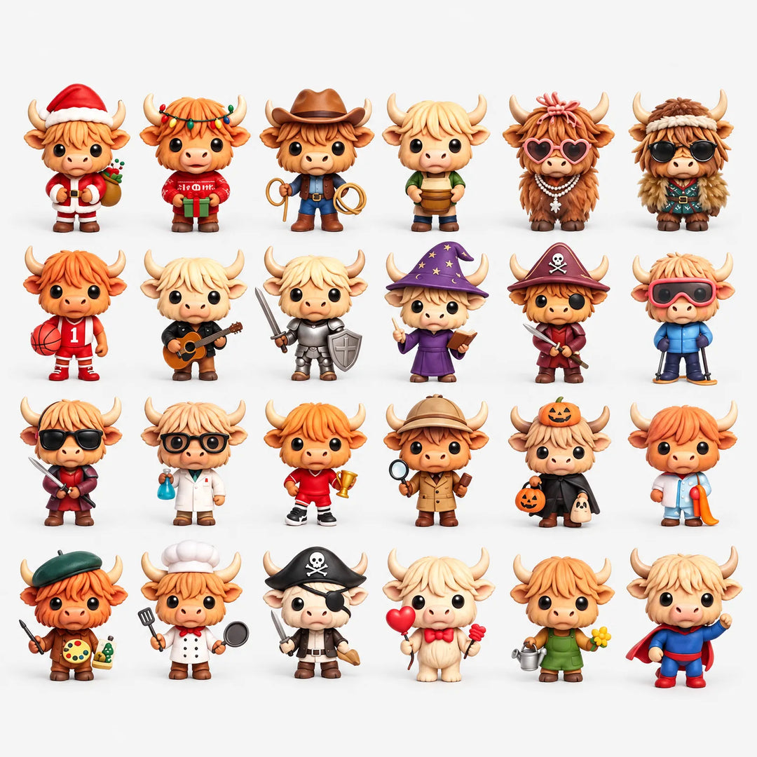 Verzameling van vierentwintig schattige hooglanderfiguurtjes in verschillende outfits, zoals kerstman, cowboy, ridder, tovenaar, piraat, kok en superheld, tegen 2