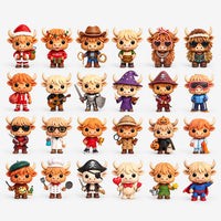 Verzameling van vierentwintig schattige hooglanderfiguurtjes in verschillende outfits, zoals kerstman, cowboy, ridder, tovenaar, piraat, kok en superheld, tegen 2