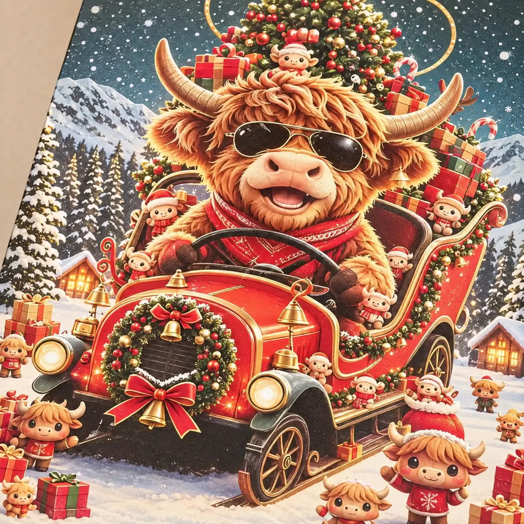 Close-up van de kleurrijke kerstillustratie: een hooglander met zonnebril bestuurt een rode slee-auto vol cadeaus, omringd door kleine hooglanderfiguurtjes in d 3
