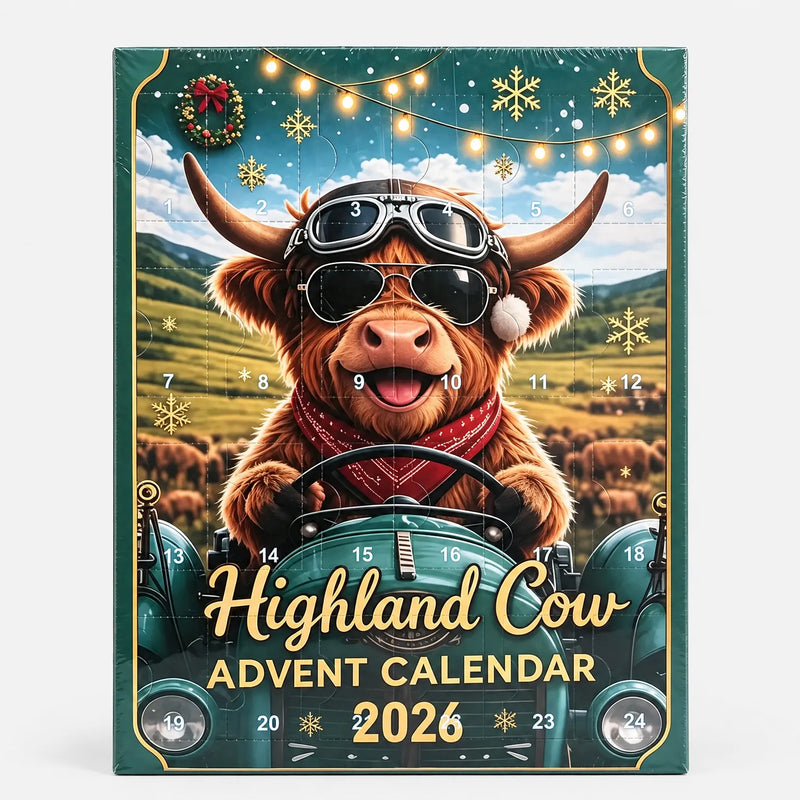 Voorkant van de groene kalenderdoos met een lachende hooglander met pilotenbril en rode bandana op een tractor, met genummerde luikjes van 1 tot 24. 4