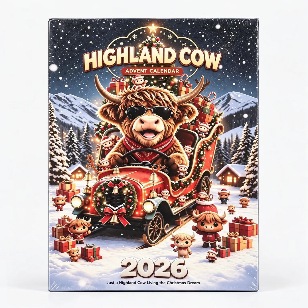 Verpakte kalenderdoos met een hooglander met zonnebril in een rode slee-auto, omringd door cadeaus, kleine koetjes en besneeuwde bergen. 5