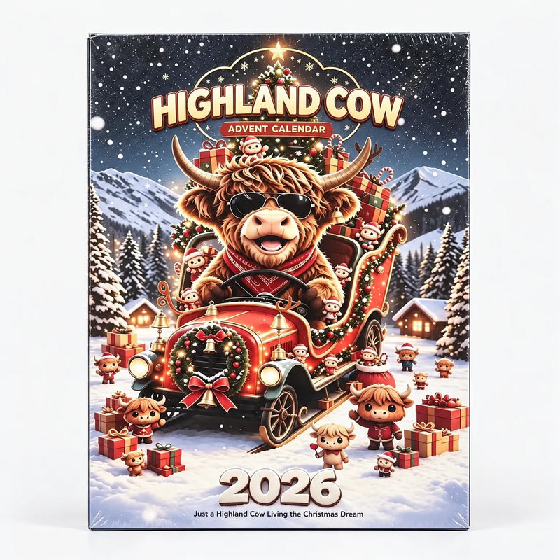 Verpakte kalenderdoos met een hooglander met zonnebril in een rode slee-auto, omringd door cadeaus, kleine koetjes en besneeuwde bergen. 5