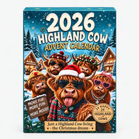 Turquoise doos met vijf hooglanders in kerstoutfits, zoals kerstmuts, rendiermuts, bloemenkrans en hartvormige zonnebril, in een besneeuwd dorpje, vrijstaand te 7