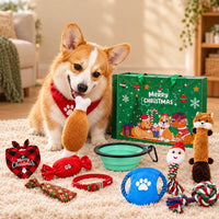 Corgi met rode bandana knabbelt op een pluche kippenpoot, omringd door kersttoys, een opvouwbare bak en een groene cadeautas op een vloerkleed. 1