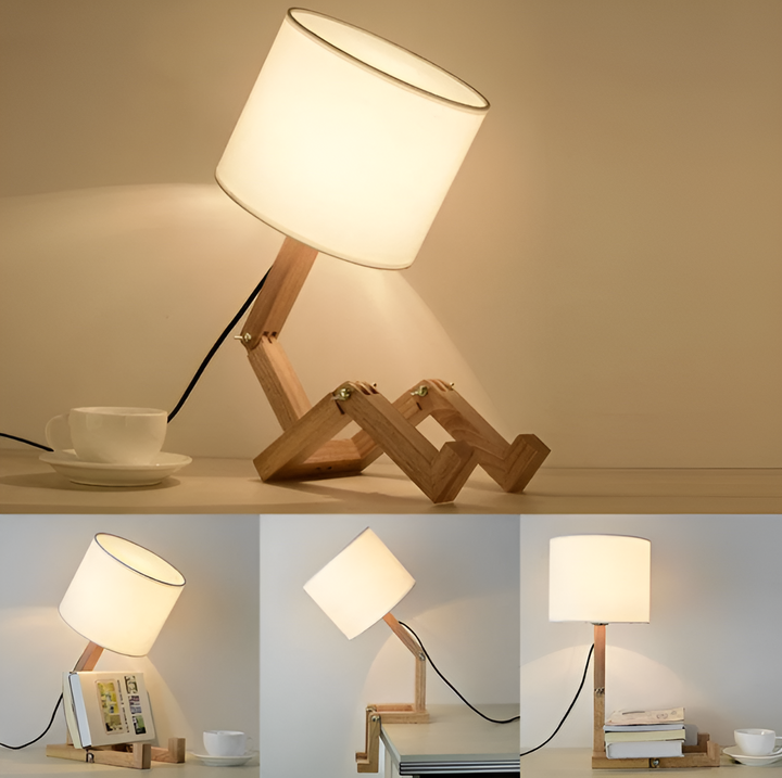 Flexible Roboter Schreibtischlampe aus Massivholz – LumoBot