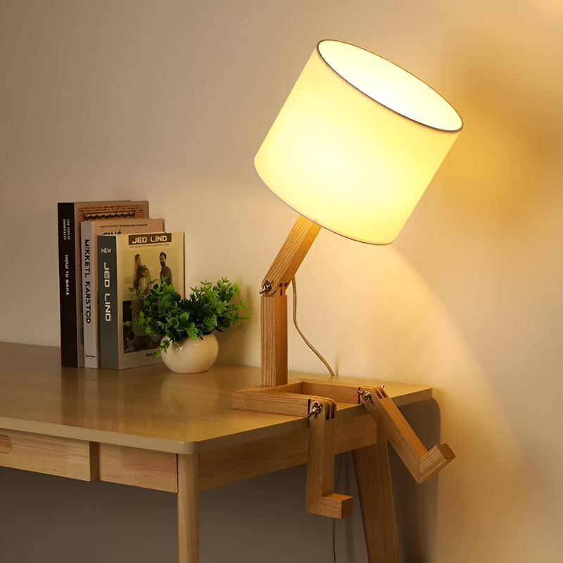 Flexible Roboter Schreibtischlampe aus Massivholz – LumoBot