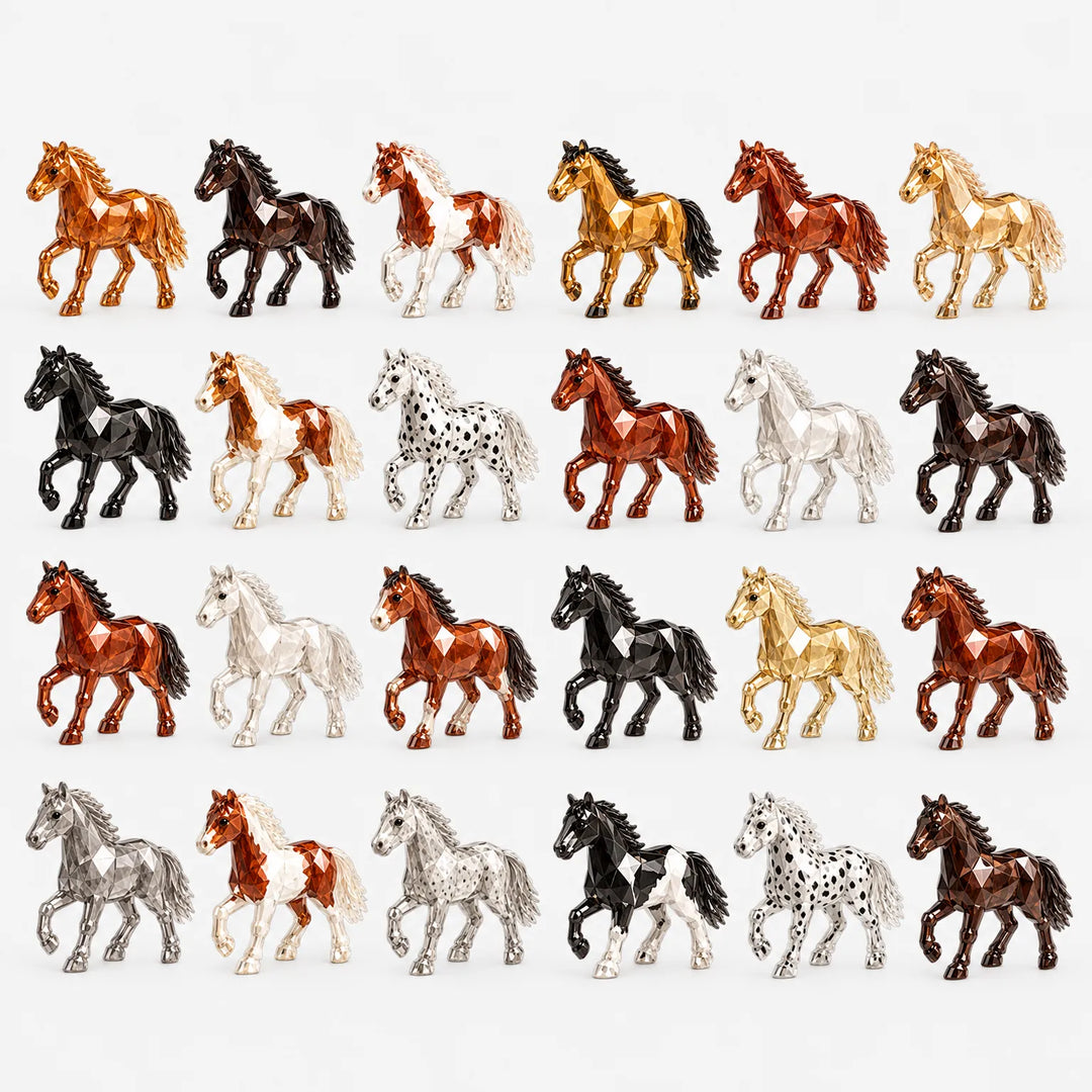Vier rijen van zes glanzende paardenfiguurtjes met geometrische facetten in uiteenlopende kleuren en tekeningen, vrijgesteld tegen een witte achtergrond. 2