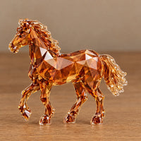 Close-up van een enkel doorschijnend, amberkleurig paardenfiguurtje met scherpe facetten, met een opgetilde voorpoot, op een houten ondergrond. 3