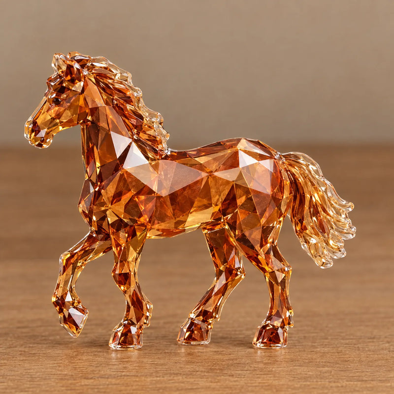 Close-up van een enkel doorschijnend, amberkleurig paardenfiguurtje met scherpe facetten, met een opgetilde voorpoot, op een houten ondergrond. 3
