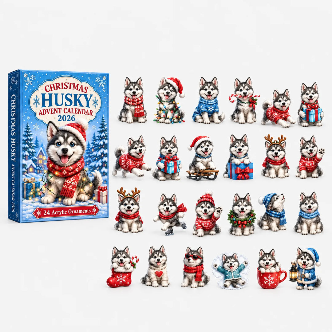 Blauwe doos met een husky-puppy met sjaal en kerstmuts, naast vier rijen losse acryl ornamenten in rode en blauwe winterkleding. 2