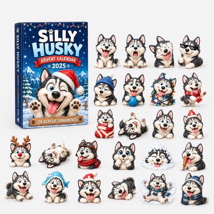 Doos met een knipogende husky met kerstmuts en opgestoken pootjes, naast losse ornamenten van dolle husky's met gekke gezichtjes en winterhoedjes. 5