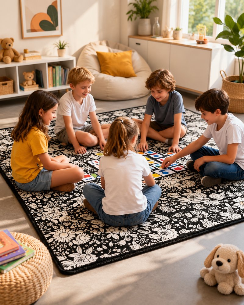 Vijf kinderen zitten in een kring op een zwart-wit bloemenkleed en spelen een kaartspel 4