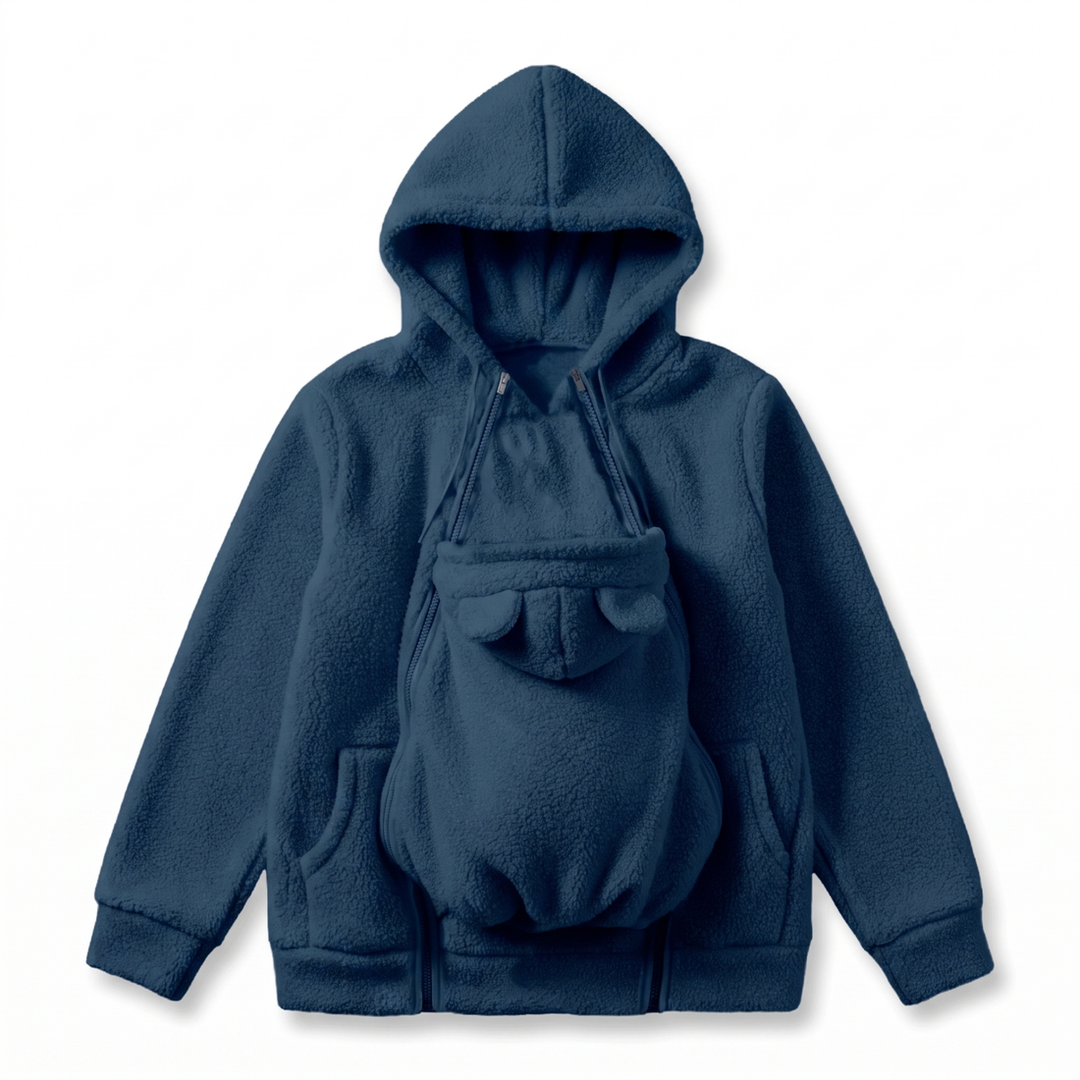 Marineblauwe sherpa-fleecehoodie plat gelegd met het afneembare babypaneel met beren-oortjes en dubbele ritsen aan de voorkant. 10