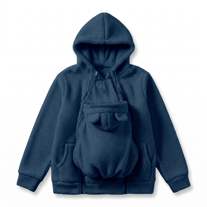 Marineblauwe sherpa-fleecehoodie plat gelegd met het afneembare babypaneel met beren-oortjes en dubbele ritsen aan de voorkant. 10