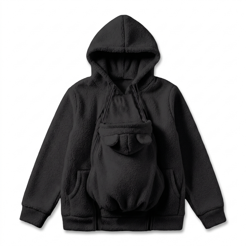 Zwarte sherpa-fleecehoodie plat gelegd met het babypaneel met beren-oortjes, zakken en dubbele ritsen aan de voorkant. 13