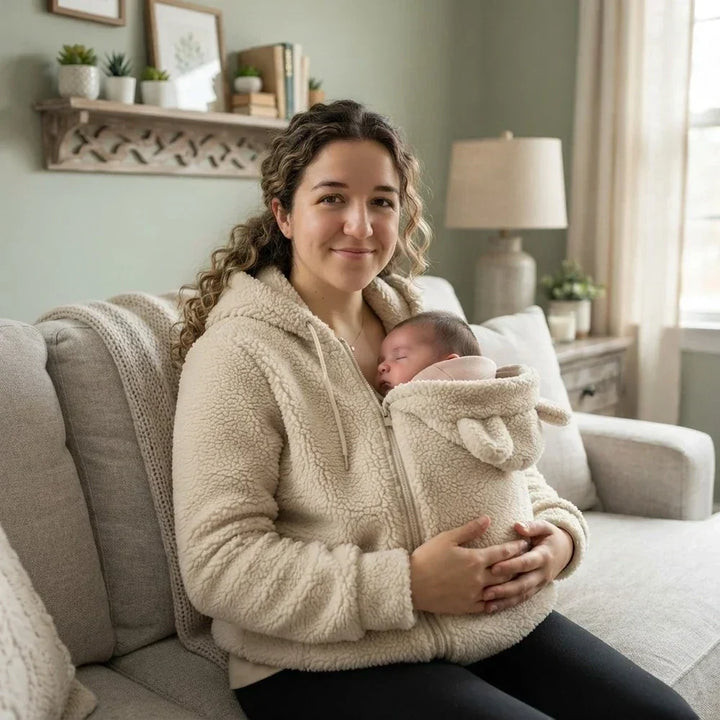 Glimlachende vrouw in beige sherpahoodie houdt een slapende baby in het paneel met beren-oortjes, zittend op een bank. 7
