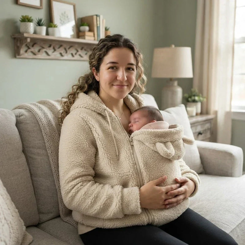 Glimlachende vrouw in beige sherpahoodie houdt een slapende baby in het paneel met beren-oortjes, zittend op een bank. 7