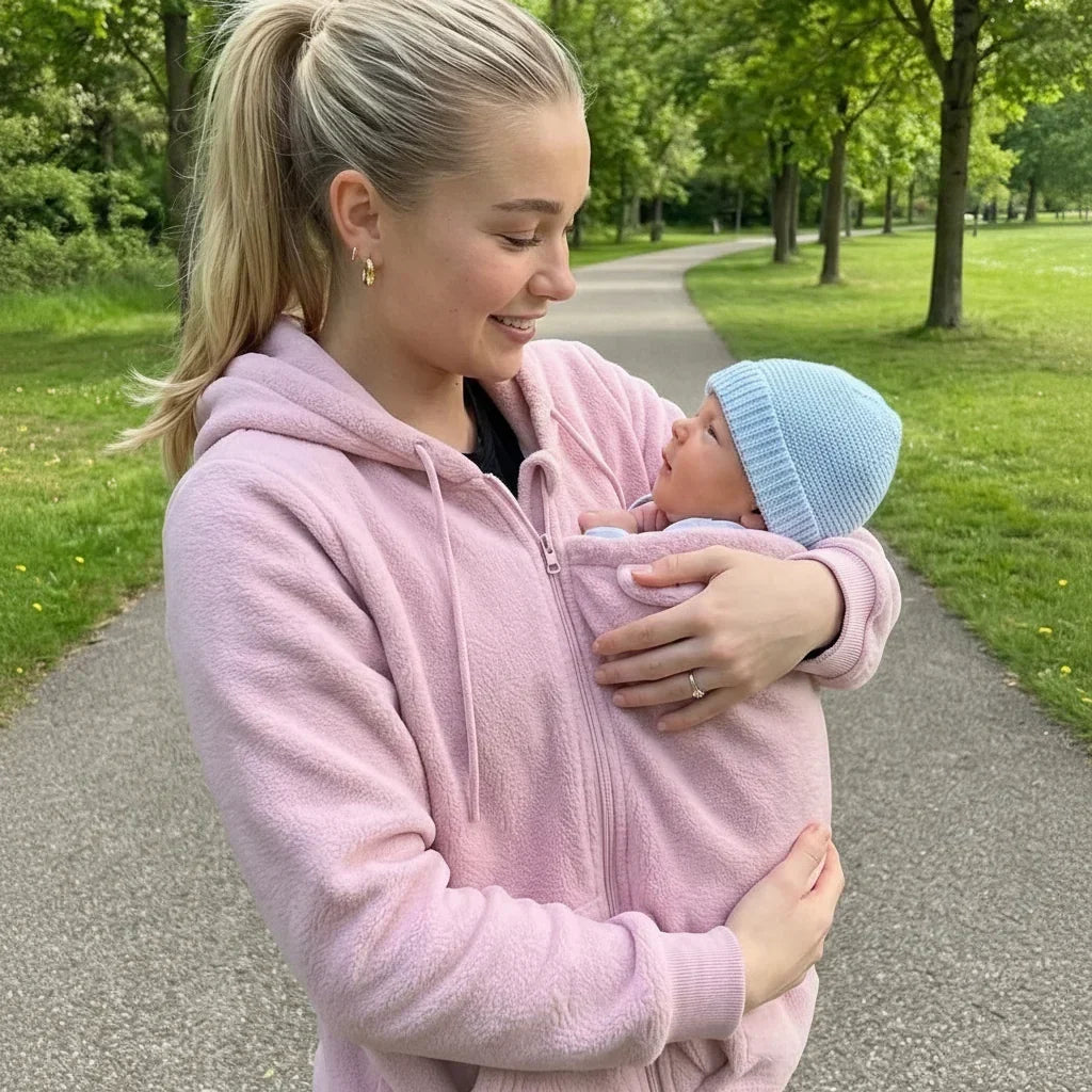 Vrouw in lichtroze fleecehoodie draagt een baby met blauw mutsje in het babypaneel tijdens een wandeling in het park. 4