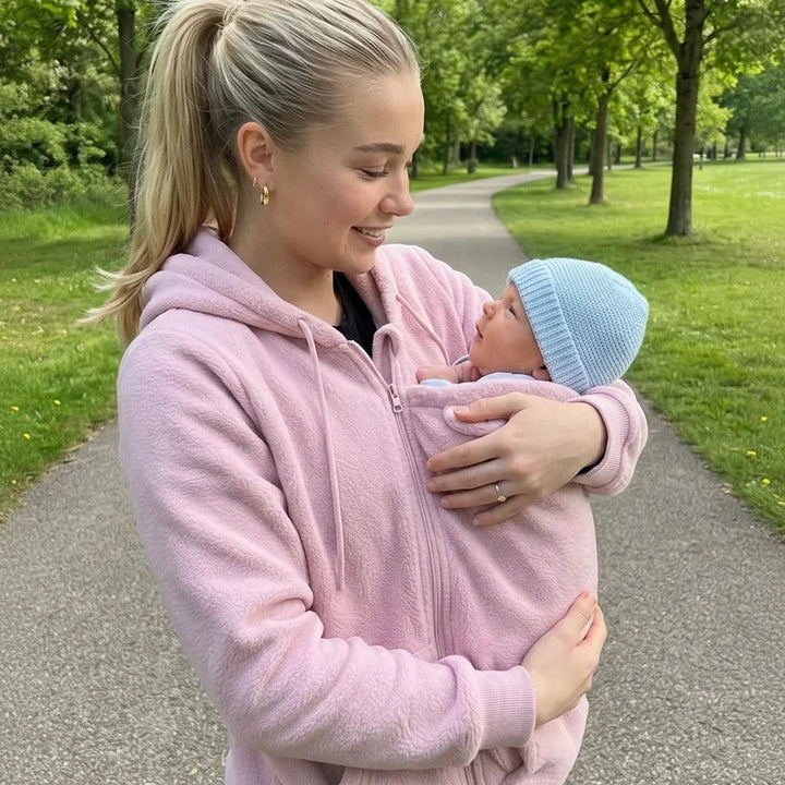 Vrouw in lichtroze fleecehoodie draagt een baby met blauw mutsje in het babypaneel tijdens een wandeling in het park. 4