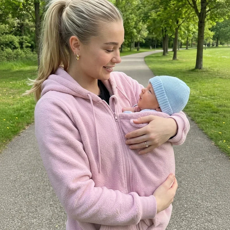 Vrouw in lichtroze fleecehoodie draagt een baby met blauw mutsje in het babypaneel tijdens een wandeling in het park. 4