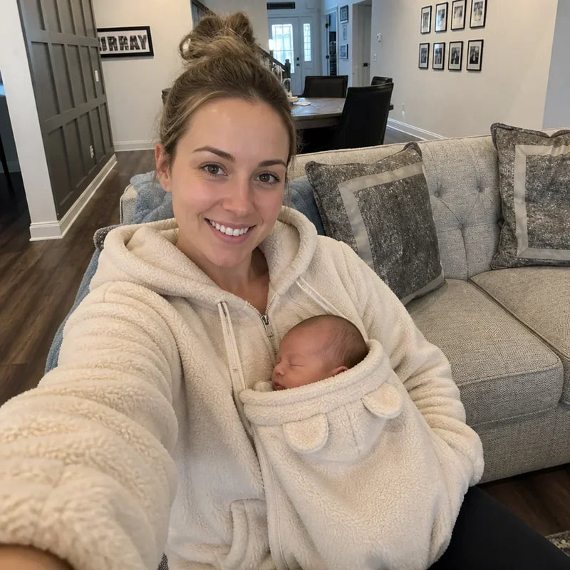Lachende vrouw in crèmekleurige sherpahoodie met een slapende baby in het babypaneel, zittend op de bank in de woonkamer. 3