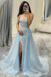 Funkelndes hellblaues A-Linien Korsett-Ballkleid mit Schlitz - Sophia