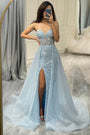 Funkelndes hellblaues A-Linien Korsett-Ballkleid mit Schlitz - Sophia