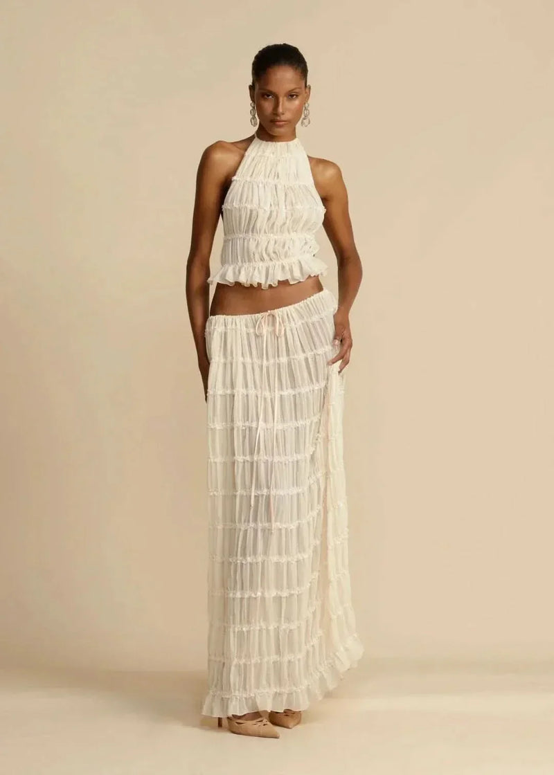 Zweiteiliges Sommeroutfit für Damen mit Boho-Rock und schulterfreiem Top – Alina