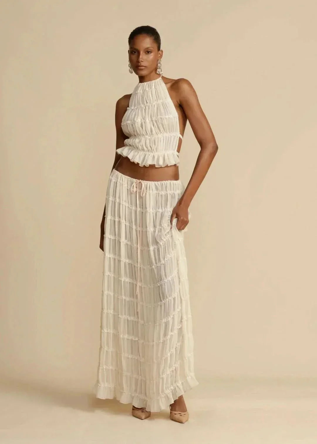 Zweiteiliges Sommeroutfit für Damen mit Boho-Rock und schulterfreiem Top – Alina