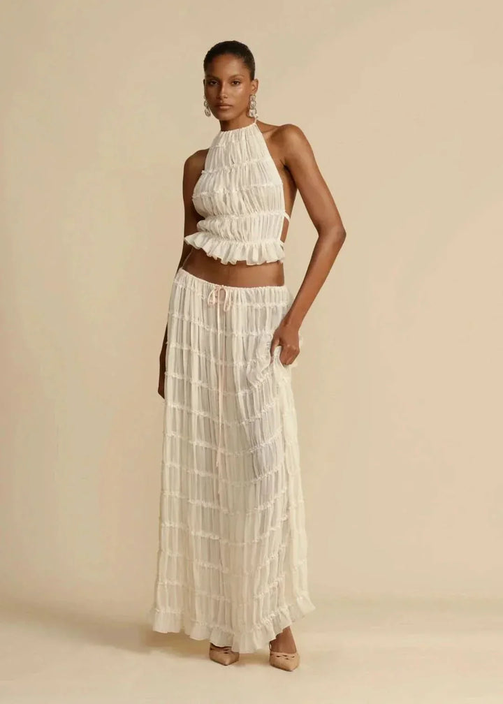Zweiteiliges Sommeroutfit für Damen mit Boho-Rock und schulterfreiem Top – Alina