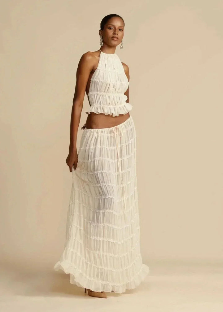 Zweiteiliges Sommeroutfit für Damen mit Boho-Rock und schulterfreiem Top – Alina